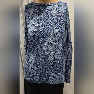 1037 New Directions Womens Drop Shoulder Long Sleeve Floral Top Blue Sz XL